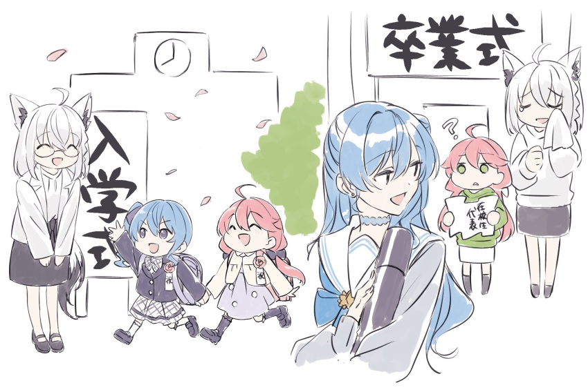 3girls ahoge animal_ear_fluff animal_ears backpack bag black_skirt blue_eyes blue_hair closed_eyes fox_ears glass green_eyes highres hololive hoshimachi_suisei hoshimachi_suisei_(school_uniform) long_hair long_skirt multiple_girls pink_hair sakura_miko school_uniform shirakami_fubuki shirt side_ponytail skirt time_lapse twintails virtual_youtuber white_hair white_shirt yaya_(pi63925174)