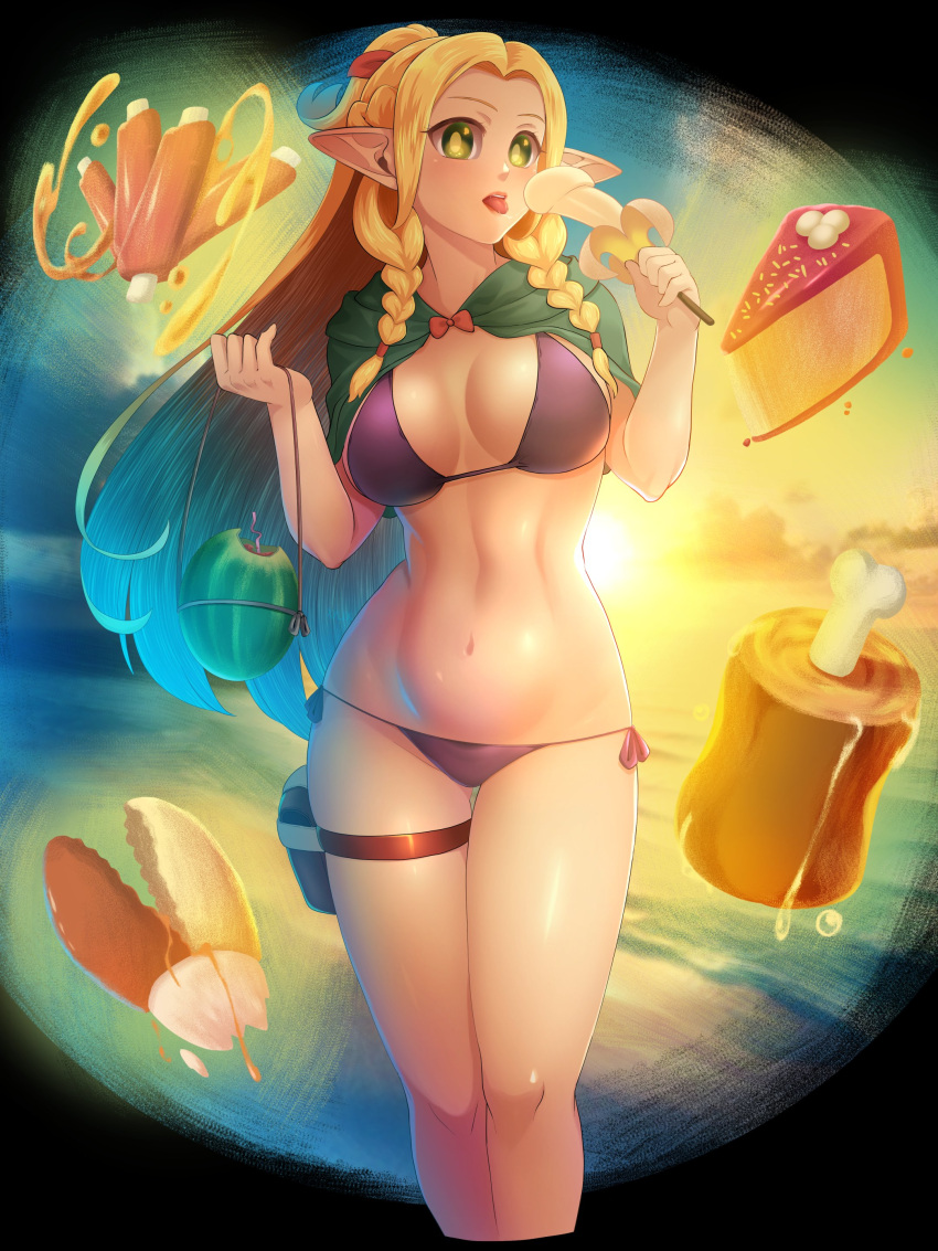 1girl absurdres banana bikini black_bikini blonde_hair boned_meat bow bowtie braid breasts cake cake_slice capelet commentary cropped_legs day drinking_straw dungeon_meshi elf english_commentary food french_braid fruit fruit_cup green_capelet green_eyes hands_up highres holding holding_food holding_skewer hood hood_down hooded_capelet large_breasts long_hair looking_at_viewer looking_to_the_side marcille_donato meat multiple_braids navel open_mouth parted_bangs penis_banana pointy_ears red_bow red_bowtie ribs_(food) sexually_suggestive side-tie_bikini_bottom side_braid skewer sky solo string_bikini sun swimsuit thigh_gap thigh_pouch tongue tongue_out watermelon xylix
