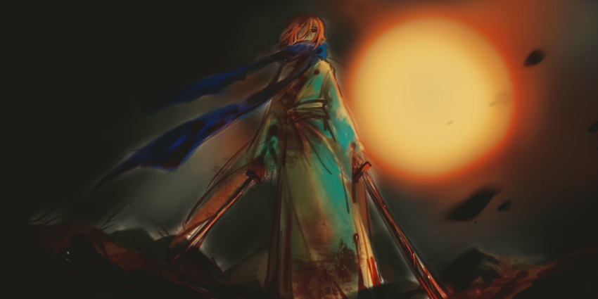 1other androgynous blood blood_on_clothes blood_sword blue_scarf commentary dual_wielding green_kimono hair_over_one_eye highres holding holding_sword holding_weapon japanese_clothes kimono len'en long_sleeves mxx33 orange_hair other_focus red_eyes scarf short_hair solo sword symbol-only_commentary two-sided_fabric two-sided_sleeves weapon wide_sleeves zuifeng_tenkai