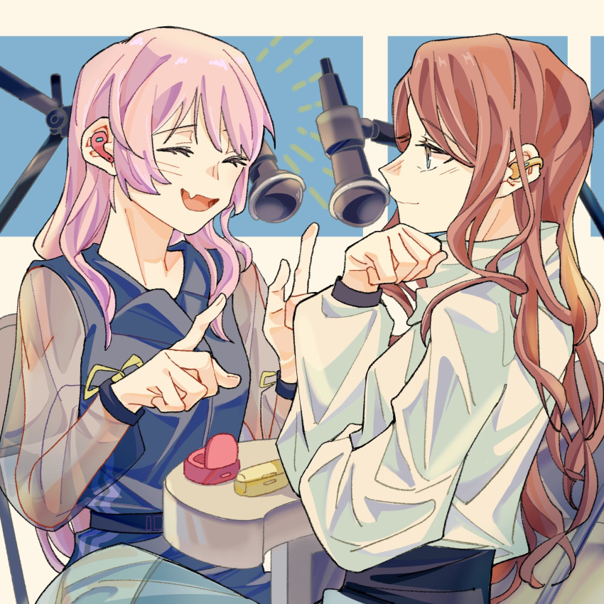 2girls bakookami bang_dream! bang_dream!_it's_mygo!!!!! blue_dress blue_eyes blush brown_hair chihaya_anon closed_mouth dress earpiece fang highres index_finger_raised long_hair long_sleeves looking_at_viewer microphone microphone_stand multiple_girls nagasaki_soyo open_mouth pink_hair puffy_sleeves see-through see-through_sleeves shirt sidelocks sitting skin_fang smile upper_body white_shirt