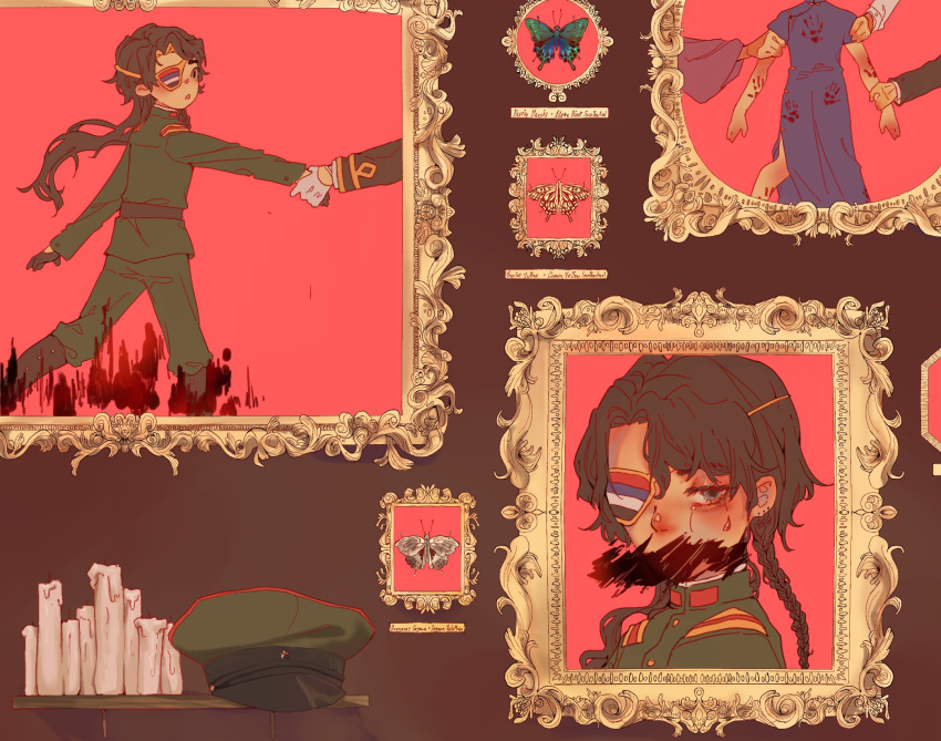 1boy androgynous black_hair bloody_handprints blue_dress blue_eyes braid bug butterfly buttons candle china_dress chinese_clothes crying crying_with_eyes_open dress epaulettes eyepatch grabbing_another's_arm green_jacket green_pants guiguxiaogui hat high_collar highres jacket long_hair manchukuo_(guiguxiaogui) military_uniform original pants peaked_cap personification picture_frame pulled_by_another solo_focus tears uniform