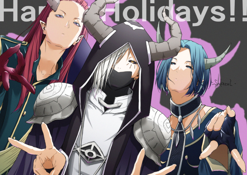3boys armor artist_name black_hoodie black_sclera blue_eyes blue_gloves blue_hair collared_shirt colored_sclera covered_mouth demon_boy detached_collar double_v drop_shadow dutch_angle earrings english_text fingerless_gloves fingernails gloves grausam grey_background hair_over_one_eye hair_slicked_back half-closed_eyes hand_up hands_up hood hood_up hoodie horns jacket jewelry long_hair long_sleeves looking_at_viewer macht_(sousou_no_frieren) mask mouth_mask multiple_boys necklace necktie one_eye_covered parted_bangs pauldrons pointy_ears purple_jacket red_gloves red_hair sakichi_(sakichi0915) schlacht_(sousou_no_frieren) shirt short_hair shoulder_armor simple_background sousou_no_frieren upper_body v white_hair white_shirt yellow_eyes