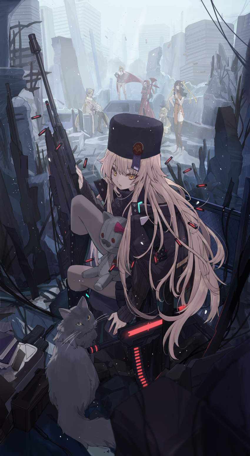 6+girls absurdres ammunition black_coat black_footwear black_headwear black_sweater boots brown_eyes brown_hair carole_reaper cat charlotta_skopovskaya coat fur_hat grey_cat gun hair_between_eyes hat heaven_burns_red highres holding holding_gun holding_weapon irene_redmayne li_yingxia long_hair long_sleeves looking_at_viewer maria_de_angelis multiple_girls parted_lips rifle ruins second-party_source sniper_rifle solo_focus stuffed_animal stuffed_cat stuffed_toy sweater swept_bangs team_31x_(heaven_burns_red) touzai_(poppin_phl95) turtleneck turtleneck_sweater upper_body ushanka vritika_balakrishnan weapon