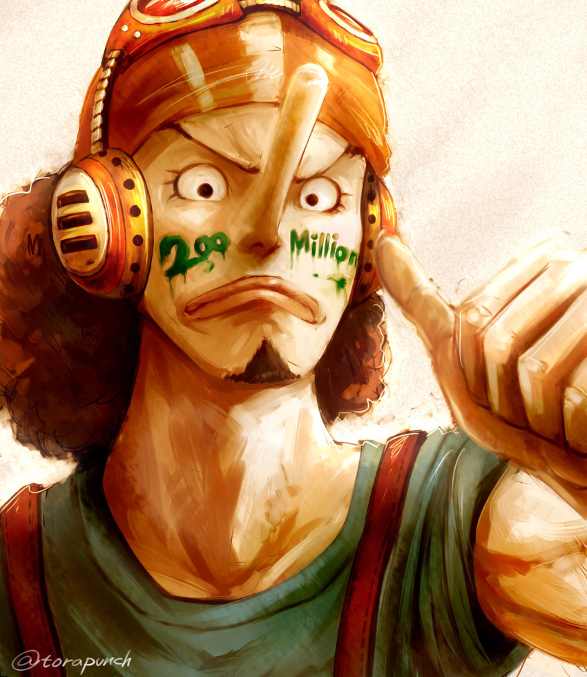 1boy artist_name bad_id bad_pixiv_id bandana black_eyes black_hair closed_mouth curly_hair earmuffs facepaint facial_hair facial_mark goatee goggles goggles_on_headwear highres long_nose looking_at_viewer male_focus medium_hair one_piece shirt short_sleeves solo thumbs_up torapunch usopp