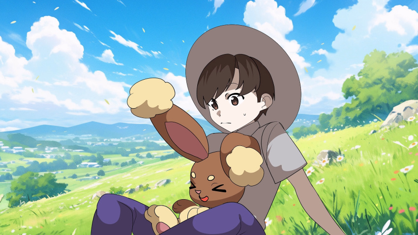 &gt;_&lt; 1boy arm_support blue_pants blue_sky brown_eyes brown_hair buneary bush closed_eyes closed_mouth cloud collared_shirt commentary_request day english_commentary florian_(pokemon) flower grapeanime grass grey_headwear grey_shirt happy hat highres leaning_back looking_at_another looking_down mixed-language_commentary on_ground open_mouth outdoors pants pawpads pokemon pokemon_(creature) pokemon_sv school_uniform shirt short_hair short_sleeves sitting sitting_on_lap sitting_on_person sky smile sweat swept_bangs white_flower