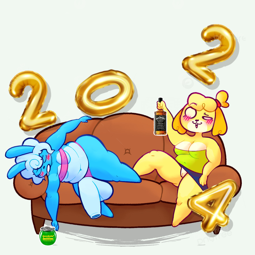 abunbot alcohol animal_crossing anthro beverage breasts butt canid canine canis clothing domestic_dog drunk duo female female/female fur genitals gynomorph hair hi_res holidays hyper intersex isabelle_(animal_crossing) lagomorph leporid looking_at_viewer mammal new_year nintendo nipples nude penis rabbit shih_tzu simple_background sleeping substance_intoxication toy_dog yellow_body yellow_fur