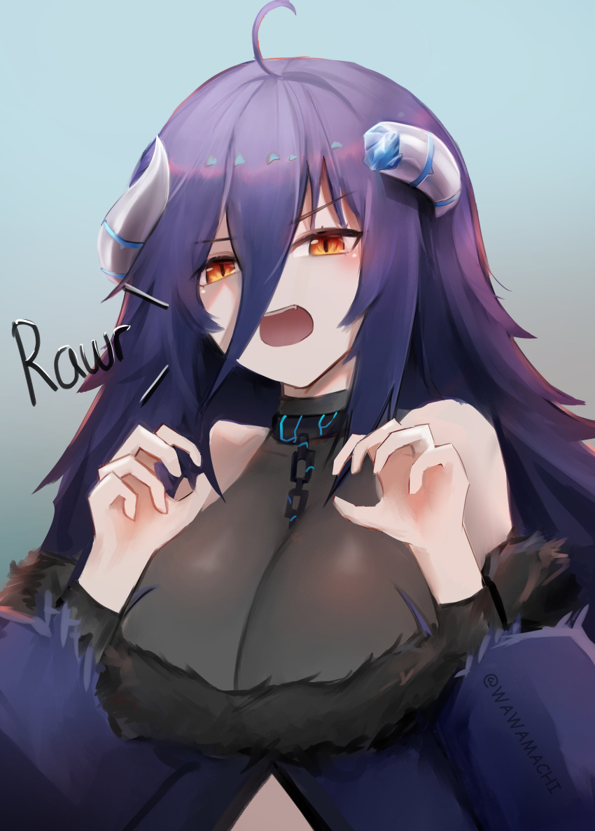 1girl absurdres ahoge blue_horns breasts broken_horn claw_pose cleavage clothing_cutout fur_trim gao grey_horns highres horns large_breasts long_hair multicolored_horns open_mouth orange_eyes oumiya_emma prism_project purple_hair see-through see-through_cleavage shoulder_cutout slit_pupils solo teeth twitter_username two-tone_horns upper_body upper_teeth_only virtual_youtuber wawamachi_(wawamachis)