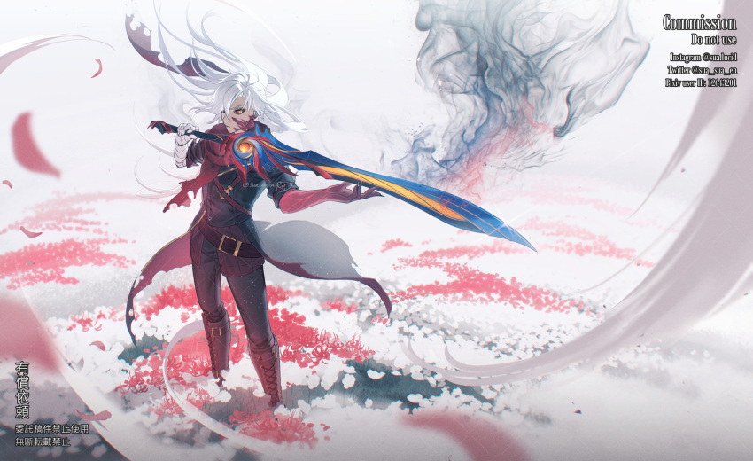 1boy bandaged_arm bandages boots cloak commission eiyuu_densetsu falling_petals field floating_hair flower flower_field flower_request hajimari_no_kiseki highres holding holding_sword holding_weapon huge_weapon instagram_username long_hair petals pixiv_id rean_schwarzer red_eyes scarf smoke solo sua_lucid sword torn_cloak torn_clothes torn_scarf twitter_username weapon white_hair