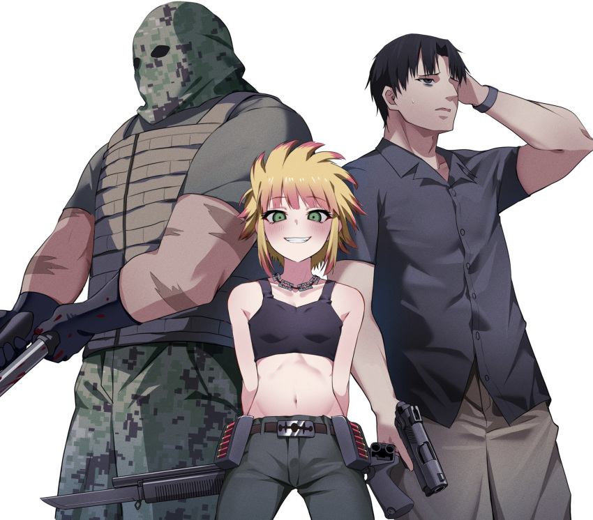 1girl 2boys arms_behind_back bags_under_eyes balaclava bayonet black_gloves black_hair black_sports_bra blonde_hair blood blood_on_hands blush breasts brown_pants camouflage camouflage_headwear camouflage_pants cargo_pants collared_shirt colored_tips digital_camouflage dominique_(jormungand) gloves green_eyes gregoire_(jormungand) grey_eyes grey_shirt grin gun hand_on_own_head handgun highres holding holding_gun holding_weapon jewelry jormungand_(manga) liliane_(jormungand) looking_at_viewer midriff multicolored_hair multiple_boys multiple_scars muscular muscular_male necklace pants parted_lips plate_carrier pump_action razor_blade remington_870 scar shirt shotgun simple_background small_breasts smile smith_&amp;_wesson sports_bra sweat tactical_clothes tamusuguru trigger_discipline watch weapon weapon_behind_back white_background wristwatch yellow_shirt