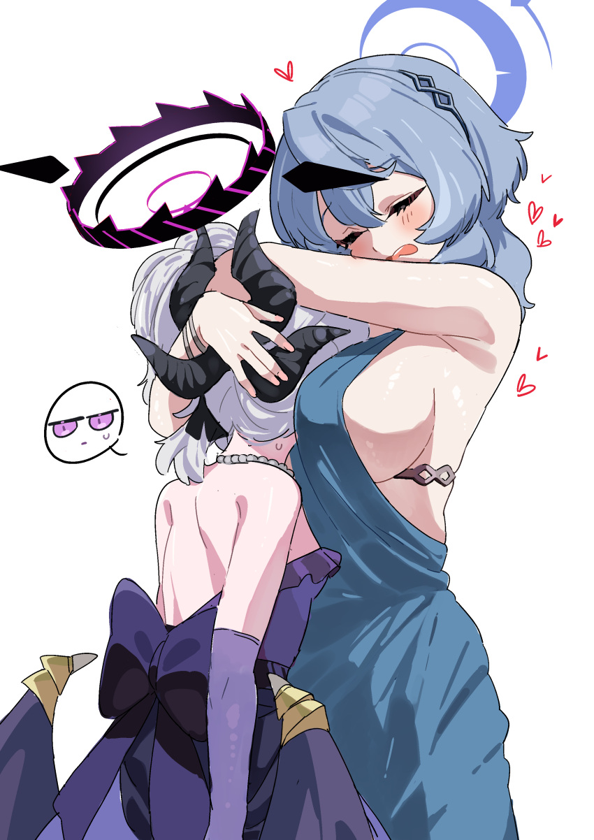 2girls absurdres ako_(blue_archive) ako_(dress)_(blue_archive) bare_shoulders black_halo black_horns blue_archive blue_dress blue_eyes blue_halo breast_smother breasts closed_eyes dress elbow_gloves face_to_breasts gloves grey_hair hair_between_eyes halo head_hug heart highres hina_(blue_archive) hina_(dress)_(blue_archive) horns je_o_mo large_breasts long_hair low_wings multiple_girls multiple_horns open_mouth purple_dress purple_gloves simple_background spoken_expression white_background wings