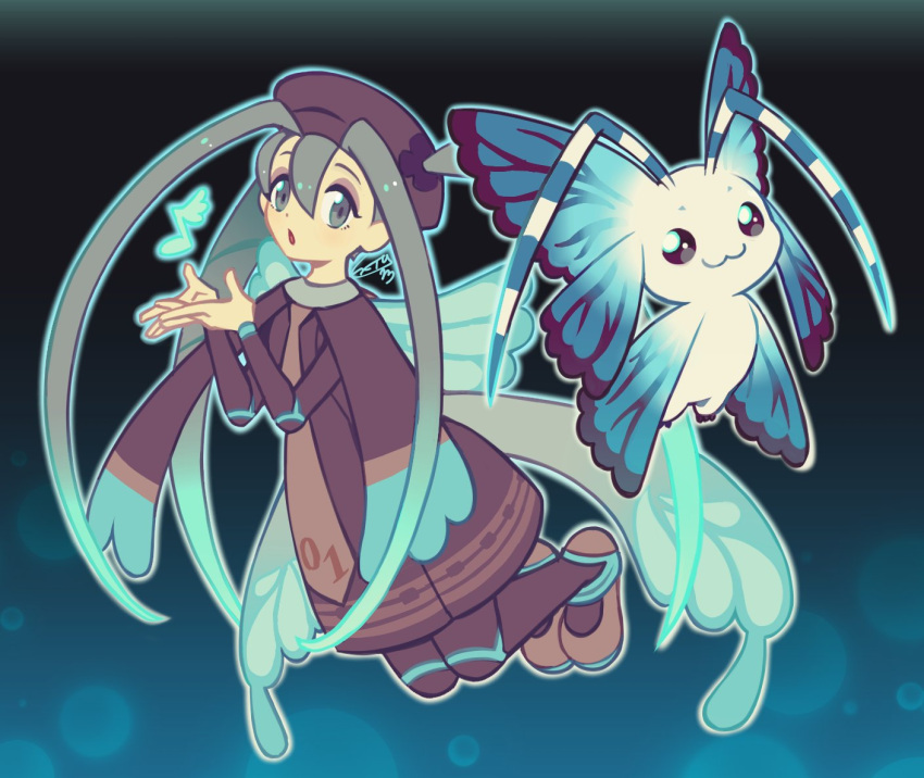 1girl 1other antennae blue_butterfly blue_trim blue_wings brown_dress brown_headwear bug bug_miku_(project_voltage) butterfly butterfly_wings digimon digimon_(creature) dress extyrannomon eyeshadow fake_wings full_body grey_eyeshadow hair_through_headwear hat hatsune_miku insect_wings long_hair long_necktie long_sleeves makeup morphomon musical_staff_print necktie open_mouth pantyhose pokemon project_voltage shoes simple_background twintails very_long_hair vocaloid wings