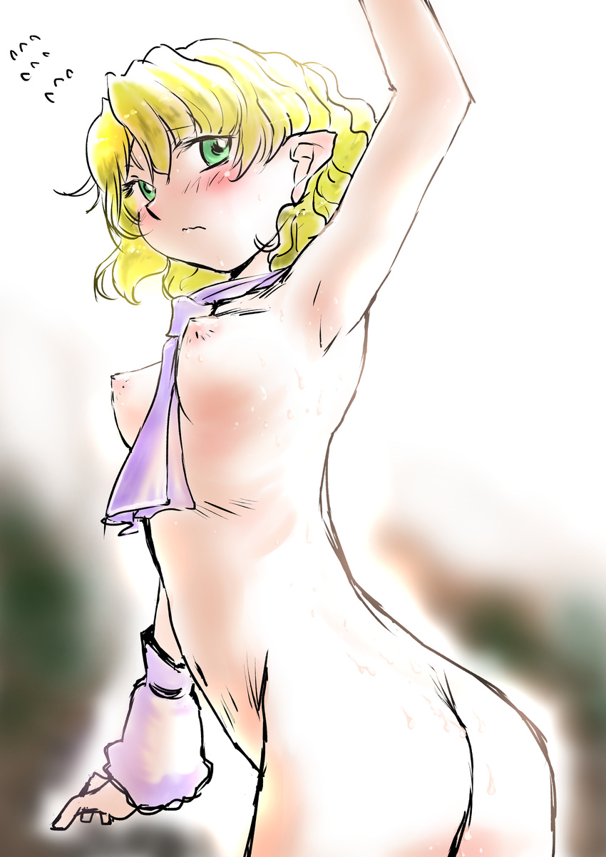 absurdres arm_up arm_warmers armpits ass blush breasts cum cum_on_ass cum_on_body cum_on_breasts cum_on_upper_body embarrassed facial goton_goton green_eyes highres looking_at_viewer looking_back mizuhashi_parsee neckerchief nipples nude perky_breasts pointy_ears short_hair simple_background small_breasts solo touhou wavy_hair white_background