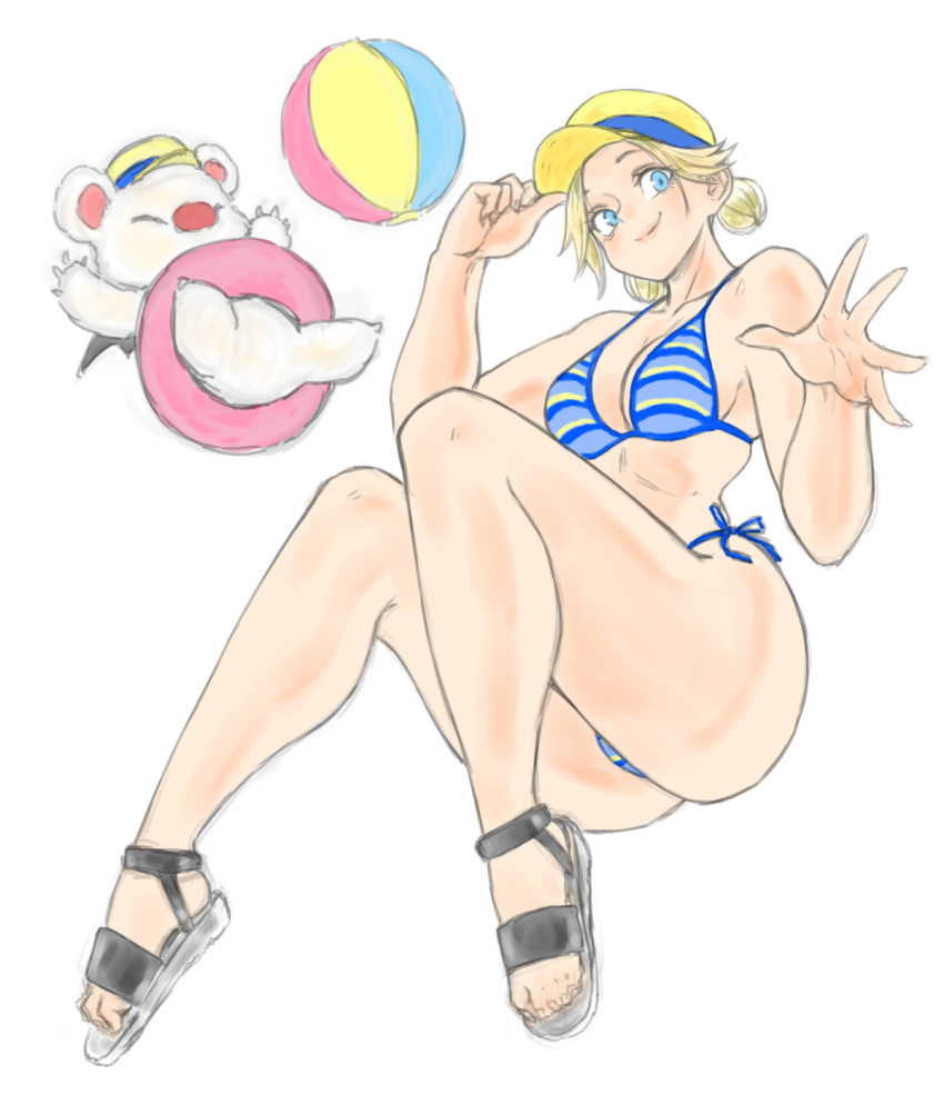 1girl ball beachball blonde_hair blue_eyes breasts closed_mouth fina_(ffbe) final_fantasy final_fantasy_brave_exvius full_body hat highres innertube looking_at_viewer moogle sandals short_hair simple_background smile swim_ring swimsuit toshinoshin white_background