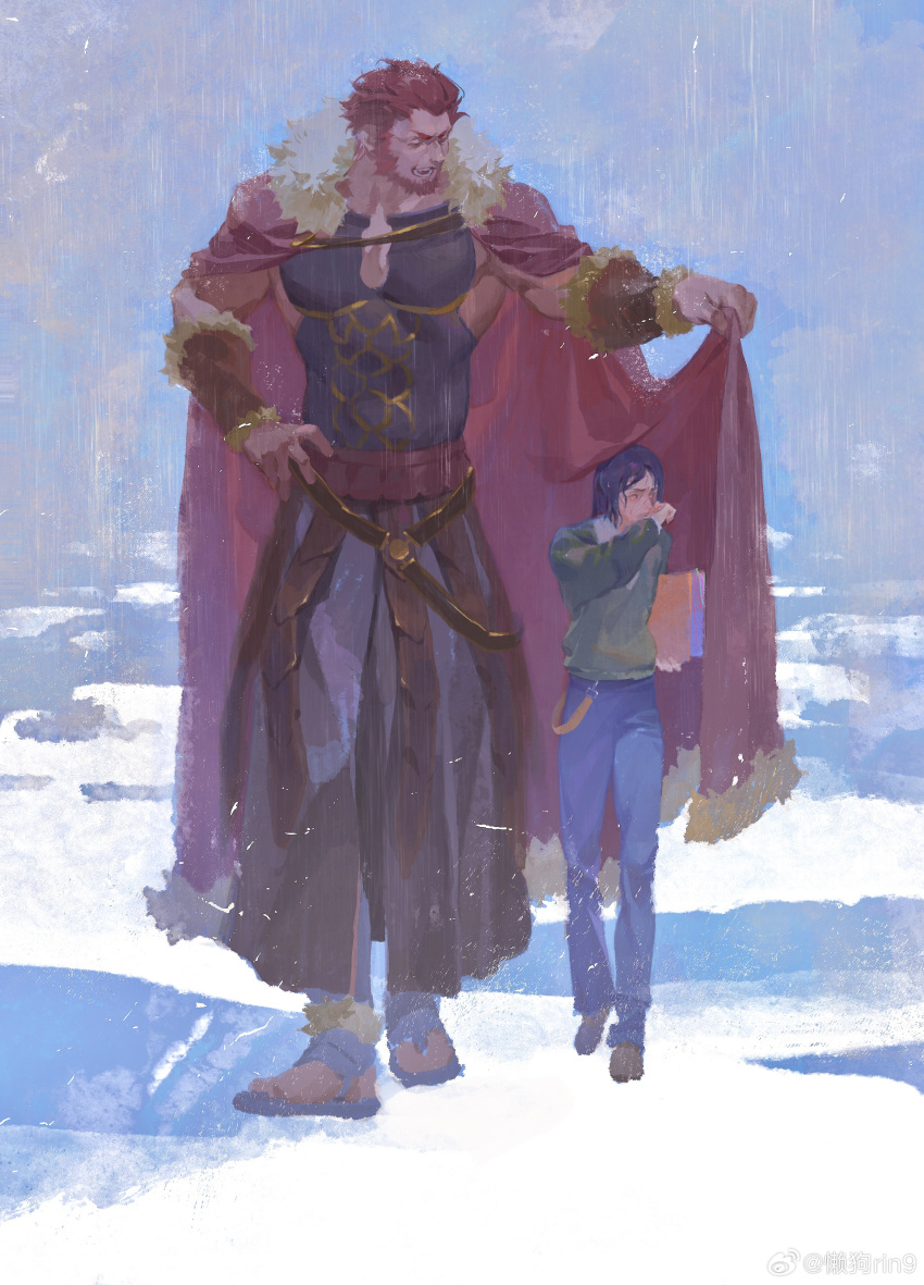 2boys absurdres bara beard black_hair book cape chinese_commentary commentary_request denim facial_hair fate/grand_order fate_(series) fur-trimmed_cape fur_trim green_sweater hand_on_own_hip highres holding holding_book holding_cape holding_clothes iskandar_(fate) jeans looking_at_another male_focus multiple_boys muscular muscular_male open_mouth pants red_hair rin9 sandals size_difference sweater waver_velvet weibo_logo weibo_username