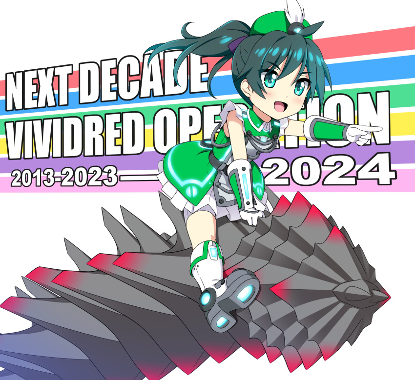 1girl 2013 2023 2024 absurdres ahoge black_hair copyright_name dress full_body garrison_cap gauntlets gloves green_dress green_eyes hat hat_feather highres long_hair nonbe palette_suit pointing ponytail riding saegusa_wakaba shorts_under_dress smile tail vividred_operation white_background white_footwear white_gloves