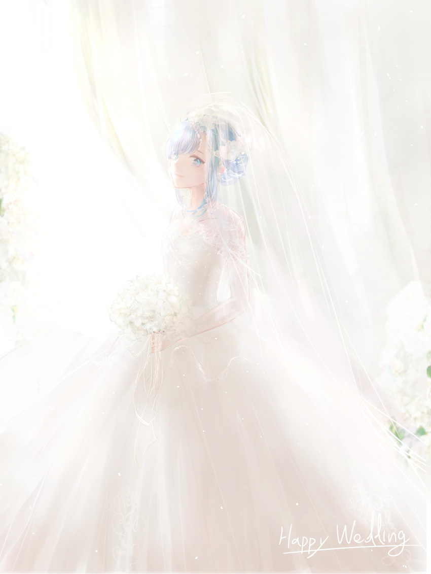 1girl absurdres arare999 blue_eyes blue_hair bouquet closed_mouth curtains dress english_text feet_out_of_frame flower from_side hair_flower hair_ornament highres lace_sleeves light_particles long_sleeves looking_at_viewer looking_to_the_side mahou_sekai_no_uketsukejou_ni_naritai_desu nanalie_persephone_hel see-through sidelocks smile solo standing swept_bangs updo veil wedding wedding_dress white_background white_dress white_flower