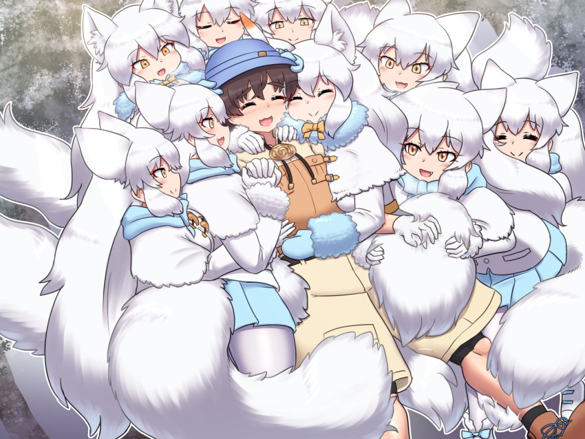 2023 4:3 5_fingers :3 ^_^ alternate_version_at_source animal_humanoid arctic_fox_(kemono_friends) arm_grab big_tail biped black_hair blue_bottomwear blue_bow blue_clothing blue_handwear blue_hat blue_headwear blue_mittens blue_skirt blush bodily_fluids boots bottomwear bow_(feature) bow_accessory bow_ribbon breath_cloud brown_boots brown_clothing brown_eyes brown_footwear canid canid_humanoid canine canine_humanoid captain_(kemono_friends) clothed clothing coat colored cuddling cute_fangs detailed_background digital_media_(artwork) dog_pile embrace eyelashes eyes_closed female female_on_human fingers fluffy fluffy_tail footwear forest fox_humanoid front_view fully_clothed fur gloves group hair hand_on_arm hand_on_tail handwear hat headgear headwear hi_res holding_clothing holding_hat holding_headgear holding_headwear holding_object holding_tail hug human human_and_animal_ears human_on_humanoid humanoid humanoid_hands inner_ear_fluff interspecies kemono kemono_friends large_group legwear light_body light_skin long_hair looking_at_another male male/female male_on_humanoid mammal mammal_humanoid mittens mo23 monotone_body monotone_ears monotone_fur monotone_hair monotone_tail multi_ear neck_bow open_:3 open_mouth open_smile outside paw_pose pink_tongue plant pose pupils shaded shirt short_hair shorts skirt smile snow standing surrounded sweat sweatdrop tail tail_grab tan_bottomwear tan_clothing tan_shirt tan_shorts tan_topwear tongue topwear tree tuft white_body white_clothing white_coat white_fur white_gloves white_hair white_handwear white_inner_ear white_inner_ear_fluff white_legwear white_tail white_topwear yellow_bow yellow_eyes