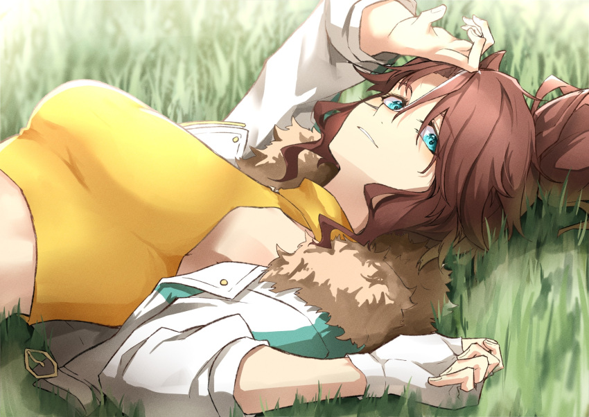 1girl animal_ears blue_eyes breasts brown_hair commentary_request cowboy_shot crop_top cropped_jacket gradient_background grass grin hair_between_eyes highres horse_ears horse_girl jacket looking_at_viewer luna_(gkluna_mas) lying medium_breasts mejiro_palmer_(umamusume) midriff on_back on_grass open_clothes open_jacket ponytail shirt short_hair sleeveless sleeveless_turtleneck smile solo standing stomach tail turtleneck umamusume upper_body white_jacket yellow_shirt