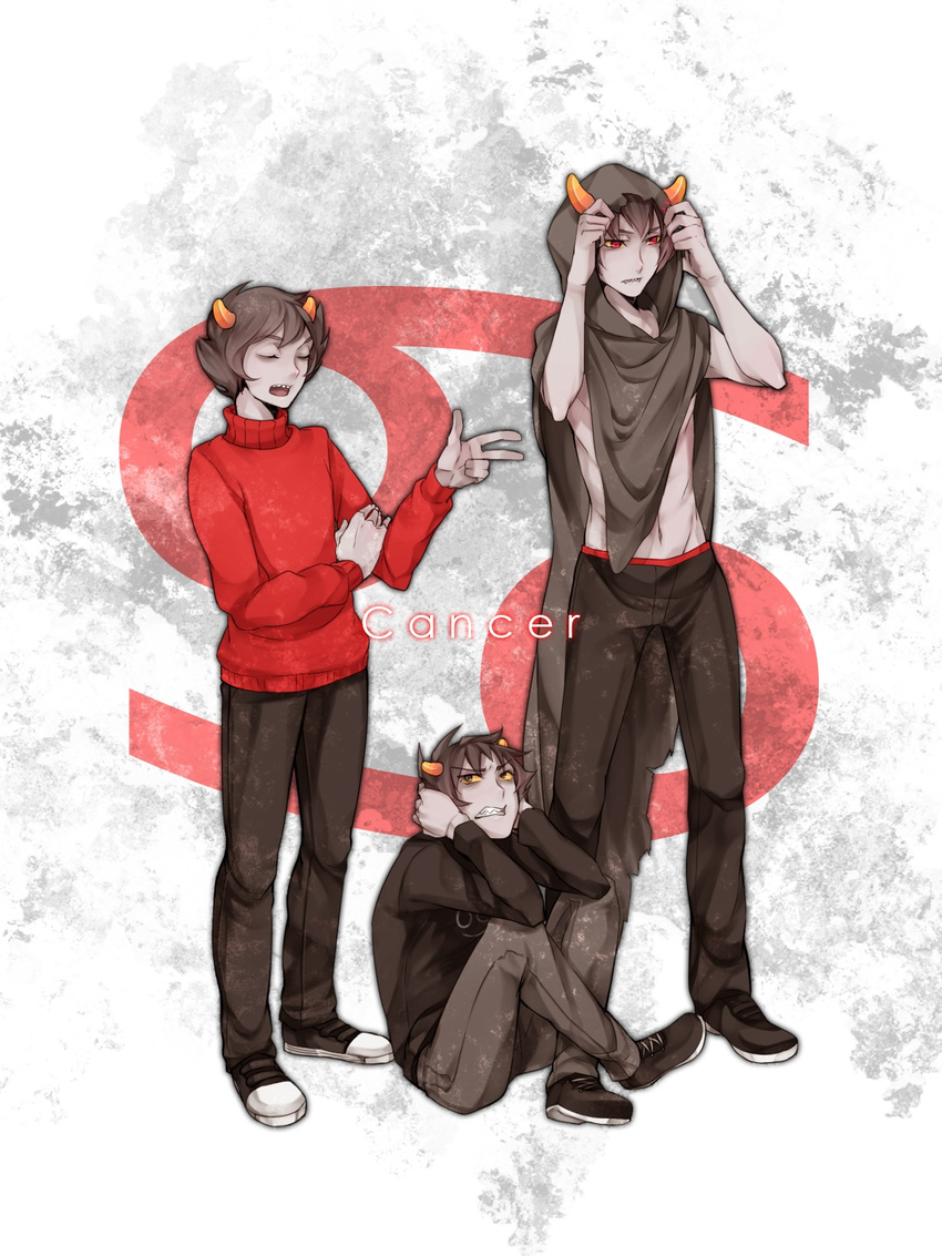 adjusting_clothes black_hair cancer cape clenched_teeth closed_eyes covering_ears curled_up dual_persona fangs grey_skin highres homestuck hood horns kankri_vantas karkat_vantas male_focus multiple_boys navel open_mouth red_eyes sharp_teeth shirtless sitting sweater talking teeth the_sufferer ti9931 troll_(homestuck) yellow_sclera
