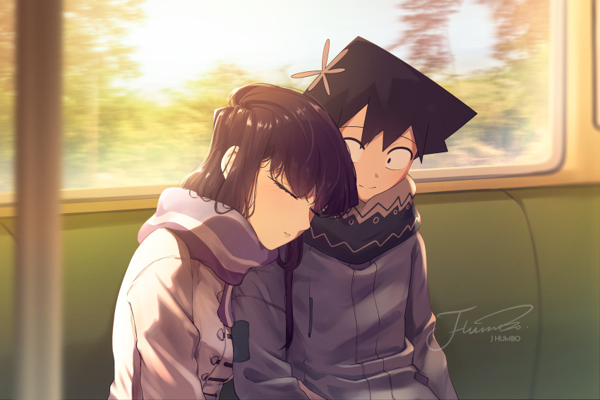 1boy 1girl absurdres black_hair blue_scarf brown_coat coat couple grey_coat grey_scarf head_on_another's_shoulder hetero highres j_humbo komi-san_wa_komyushou_desu komi_shouko leaning_on_person purple_scarf scarf sitting sleeping sleeping_on_person sleeping_upright tadano_hitohito train_interior two-tone_scarf window winter_clothes winter_coat