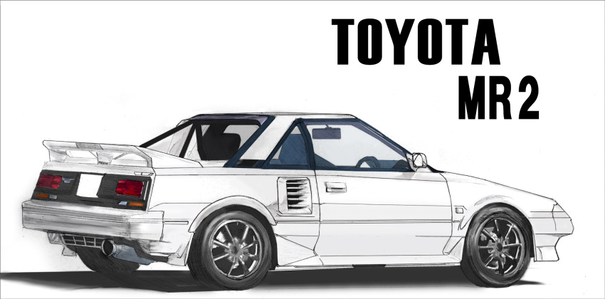 car highres motor_vehicle no_humans original shadow simple_background sports_car toyota_mr2 toyota_mr2_aw11 vehicle_focus vehicle_name wheel white_background white_car yuuzo