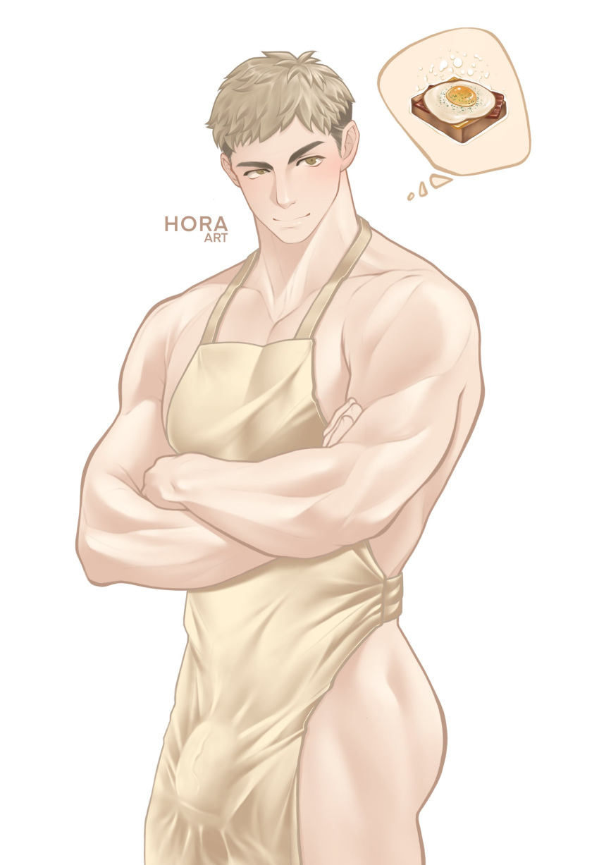 1boy absurdres apron bara blonde_hair covered_penis cowboy_shot crossed_arms dungeon_meshi facial_hair highres hyorasei laios_thorden large_pectorals looking_at_viewer male_focus medium_sideburns muscular muscular_male naked_apron pectoral_cleavage pectorals seductive_smile short_hair sideburns_stubble simple_background smile solo spoken_object stubble thick_eyebrows yellow_apron