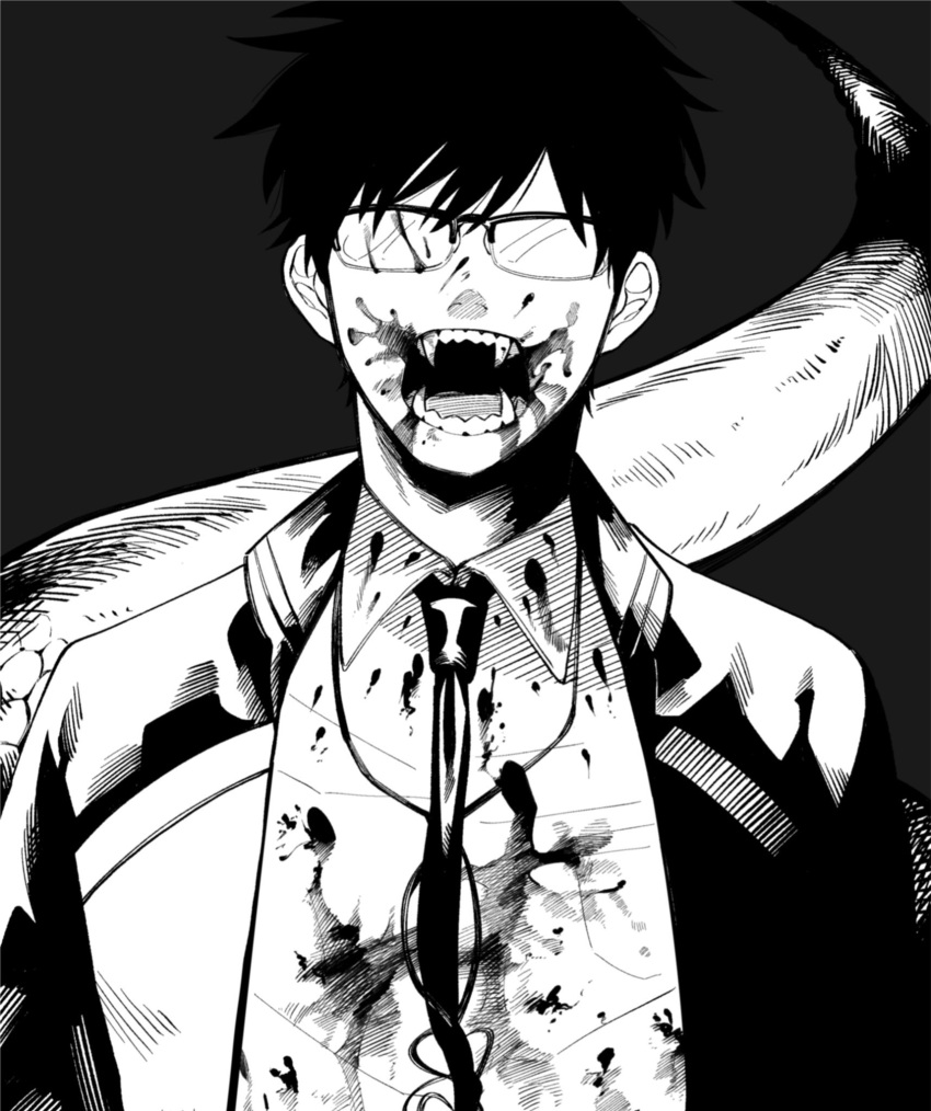 1boy ayum_k black_background blood blood_on_clothes blood_on_face blood_splatter collared_shirt facing_viewer fangs glasses greyscale highres jacket kagami_hajime long_sleeves male_focus monochrome necktie no_eyes open_mouth oshite_dame_nara_oshitemiro! shirt short_hair simple_background snake_boy snake_tail solo tail upper_body