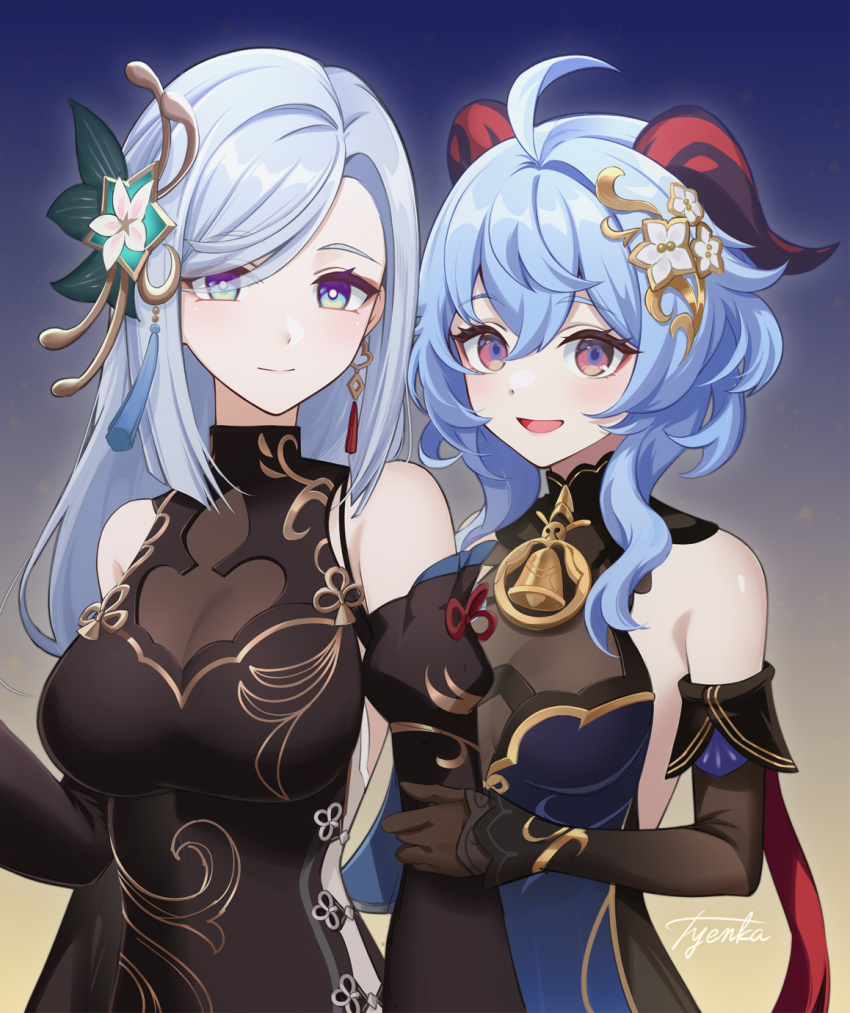 2girls :d ahoge bare_shoulders black_dress blue_background blue_eyes blue_hair commentary_request detached_sleeves dress elbow_gloves ganyu_(genshin_impact) ganyu_(twilight_blossom)_(genshin_impact) genshin_impact gloves gradient_background hair_ornament highres horns long_hair long_sleeves looking_at_viewer multiple_girls official_alternate_costume open_mouth purple_eyes shenhe_(frostflower_dew)_(genshin_impact) shenhe_(genshin_impact) sleeveless sleeveless_dress smile tyenka7728 yellow_background