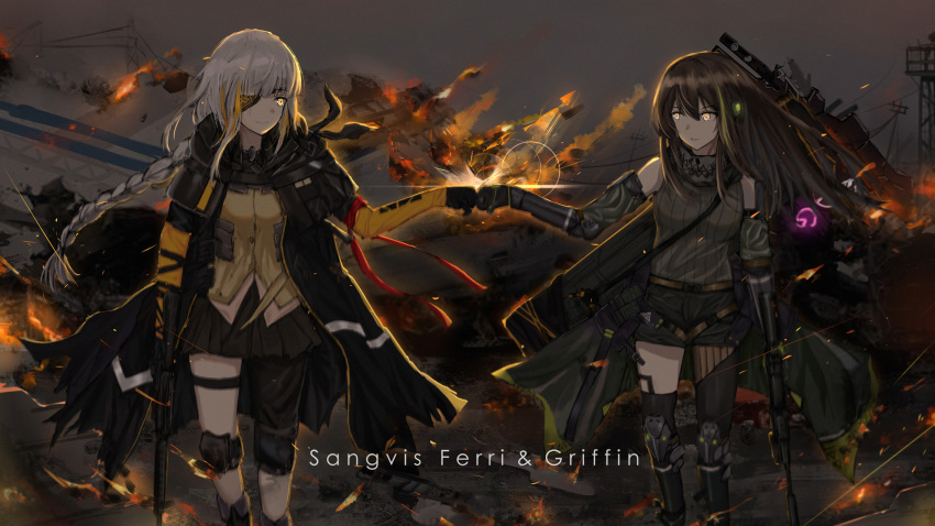 2girls assault_rifle black_gloves black_jacket brown_hair closed_mouth eyepatch fist_bump girls'_frontline gloves green_shirt gun highres jacket long_hair m16 m16a1 m16a1_(boss)_(girls'_frontline) m16a1_(girls'_frontline) m4_carbine m4a1_(girls'_frontline) m4a1_(mod3)_(girls'_frontline) multiple_girls particle_cannon_case rifle shirt smile weapon white_hair yellow_eyes yellow_shirt yuuki_mix