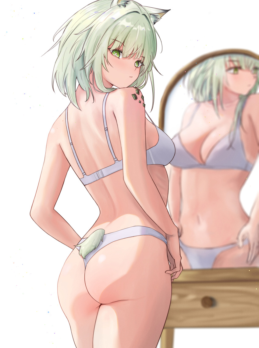 1girl absurdres animal_ears arknights ass back blonde_hair cat_ears cat_girl cowboy_shot from_behind green_eyes hand_on_own_hip highres kal'tsit_(arknights) looking_at_viewer looking_back mirror oripathy_lesion_(arknights) reflection runyo_(yale12312) standing tail underwear underwear_only white_background