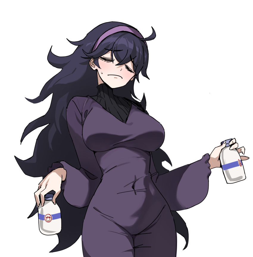 1girl absurdres black_hair bottle breasts closed_eyes closed_mouth covered_navel dress hairband hex_maniac_(pokemon) highres holding holding_bottle jason_kim large_breasts long_hair long_sleeves pokemon pokemon_xy purple_dress purple_hairband simple_background solo white_background