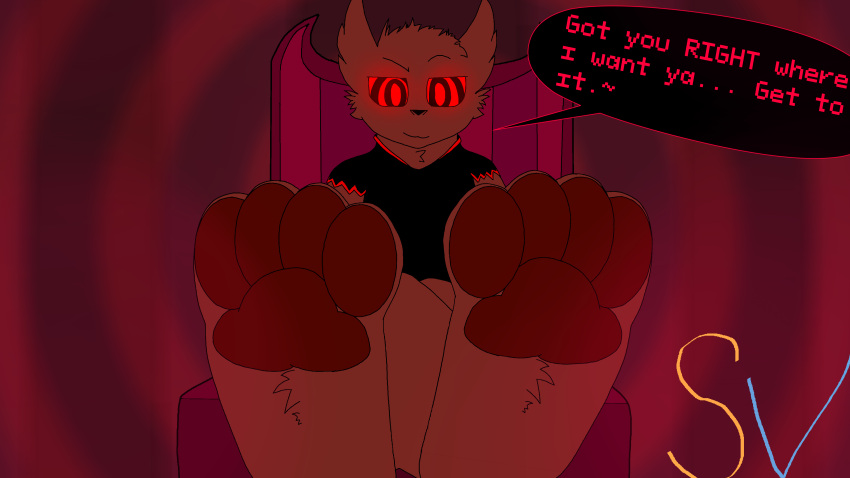 16:9 2024 4_toes 4k absurd_res anthro barefoot brown_body brown_fur canid canine canis clothed clothing damian_(zoophobia) demanding demon digital_drawing_(artwork) digital_media_(artwork) english_text feet first_person_view foot_fetish foot_focus fur hi_res hypnosis hypnosis_fetish hypnotic_eyes jackal looking_at_viewer male male/male mammal mind_control pawpads paws red_body red_fur ringed_background ringed_eyes simple_background smile smiling_at_viewer smirk smirking_at_viewer smug_expression smug_face solo speedyvibes text toes watermark widescreen zoophobia
