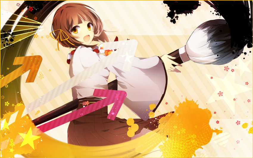 :d bow brown_eyes brown_hair calligraphy_brush hair_bow hair_ornament hair_ribbon houkago_stride_(vocaloid) japanese_clothes kimono kimono_skirt looking_at_viewer mikagura_gakuen_kumikyoku nanase09rr open_mouth paintbrush pleated_skirt ribbon short_hair skirt smile solo vocaloid wallpaper yasaka_himi