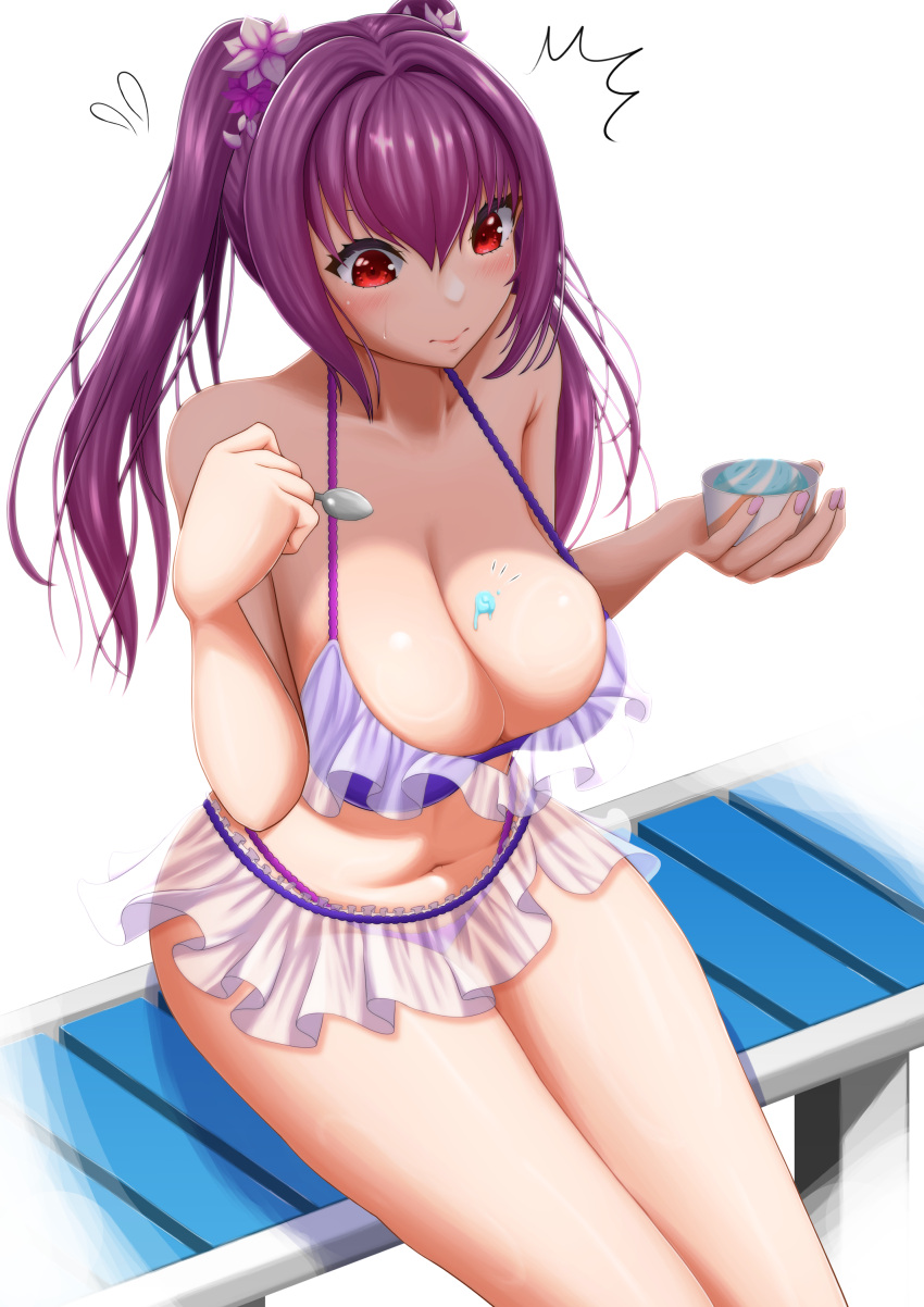 1girl absurdres bench bikini blush bracelet breasts cleavage fate/grand_order fate_(series) flower flying_sweatdrops food food_on_body food_on_breasts frilled_bikini frills hair_flower hair_ornament highres holding holding_food holding_ice_cream ice_cream ice_cream_cup jewelry large_breasts looking_down microskirt navel off-shoulder_bikini off_shoulder pucci-la-pucci purple_bikini purple_hair scathach_(fate) scathach_skadi_(swimsuit_ruler)_(fate) scathach_skadi_(swimsuit_ruler)_(first_ascension)_(fate) skirt solo spoon surprised swimsuit twintails