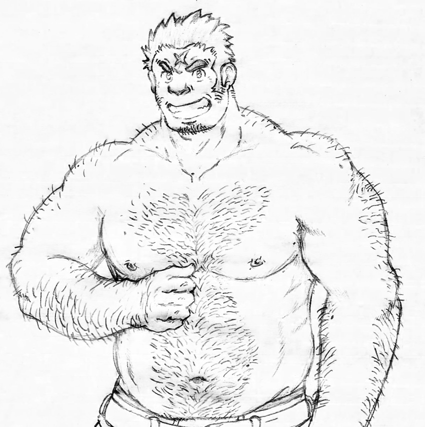 1boy bara belly blush chest_hair cross_scar drakerowan facial_hair goatee_stubble graphite_(medium) greyscale grin hairy highres houzouin_oniwaka large_pectorals long_sideburns looking_at_viewer male_focus mature_male monochrome muscular muscular_male navel navel_hair nipples pectorals plump scar scar_on_face scar_on_forehead short_hair sideburns smile solo sparse_chest_hair stomach strongman_waist stubble thick_arm_hair thick_eyebrows thick_navel_hair tokyo_afterschool_summoners topless_male traditional_media upper_body very_hairy