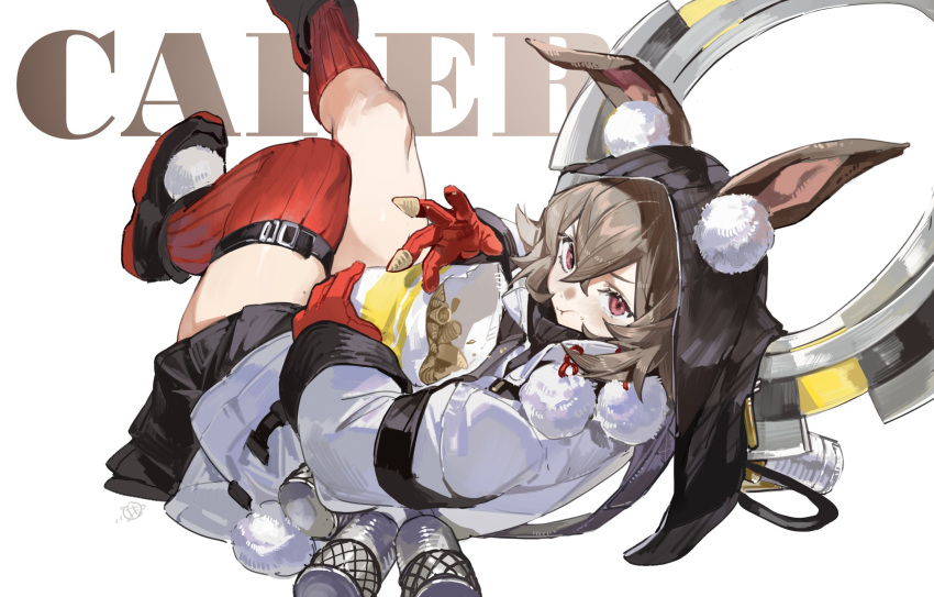 1girl :t animal_ears arknights bag_of_chips black_footwear black_headwear bokyo brown_hair caper_(arknights) character_name chips_(food) commentary eating food full_body highres holding holding_food jacket looking_back object_request pom_pom_(clothes) rabbit_ears rabbit_girl rabbit_tail red_thighhighs short_hair simple_background solo tail thighhighs white_background white_jacket