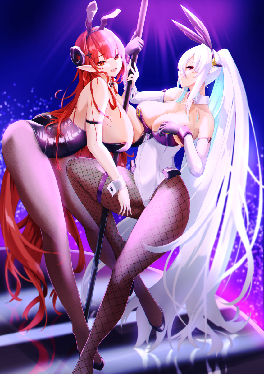 2girls absurdres animal_ears aonouta aqua_hair arm_strap ass azur_lane bare_shoulders bent_over black_gloves black_horns black_leotard breasts brown_pantyhose curled_horns detached_collar english_commentary fake_animal_ears fishnet_pantyhose fishnets framed_breasts full_body gloves hair_between_eyes highres hindenburg_(azur_lane) hindenburg_(delirious_duel)_(azur_lane) horns huge_breasts kearsarge_(all_night_charge)_(azur_lane) kearsarge_(azur_lane) leotard long_hair looking_at_viewer multiple_girls official_alternate_costume pantyhose playboy_bunny pointy_ears pole ponytail purple_eyes purple_leotard rabbit_ears red_hair strapless strapless_leotard stripper_pole thigh_strap thong_leotard two-tone_leotard undersized_breast_cup very_long_hair white_hair white_leotard white_wrist_cuffs wrist_cuffs
