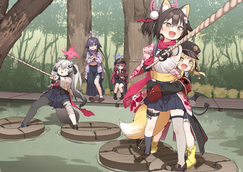5girls absurdres animal_ear_fluff animal_ears bandaged_leg bandages black_hair black_scarf black_thighhighs blue_archive blue_halo blue_skirt brown_hair chips_(food) commentary_request eating food forest fox_ears fox_girl fox_tail full_body hadanugi_dousa halo highres holding holding_rope ibuki_(blue_archive) iroha_(blue_archive) izuna_(blue_archive) looking_ahead michiru_(blue_archive) mizugumo multiple_girls nature neckerchief ninja ninjutsu_research_club_(blue_archive) one_side_up open_mouth outdoors pink_halo pink_neckerchief potato_chips raccoon_ears raccoon_girl raccoon_hair_ornament raccoon_tail red_hair rope scarf shirt single_thighhigh sitting skirt smile standing tail thighhighs tsukuyo_(blue_archive) white_shirt yellow_eyes yukie_(kusaka_shi)