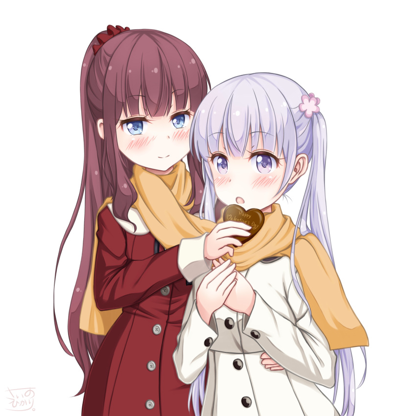 2girls absurdres blue_eyes blunt_bangs blush brown_hair coat commentary_request feeding grey_hair hair_ornament hair_scrunchie hand_on_another's_hip happy_valentine heart high_ponytail highres long_hair multiple_girls new_game! open_mouth orange_scarf ponytail purple_eyes purple_hair red_coat red_scrunchie sainohikari scarf scrunchie shared_clothes shared_scarf simple_background smile standing suzukaze_aoba takimoto_hifumi twintails valentine very_long_hair white_background white_coat winter_clothes winter_coat yellow_scarf yuri