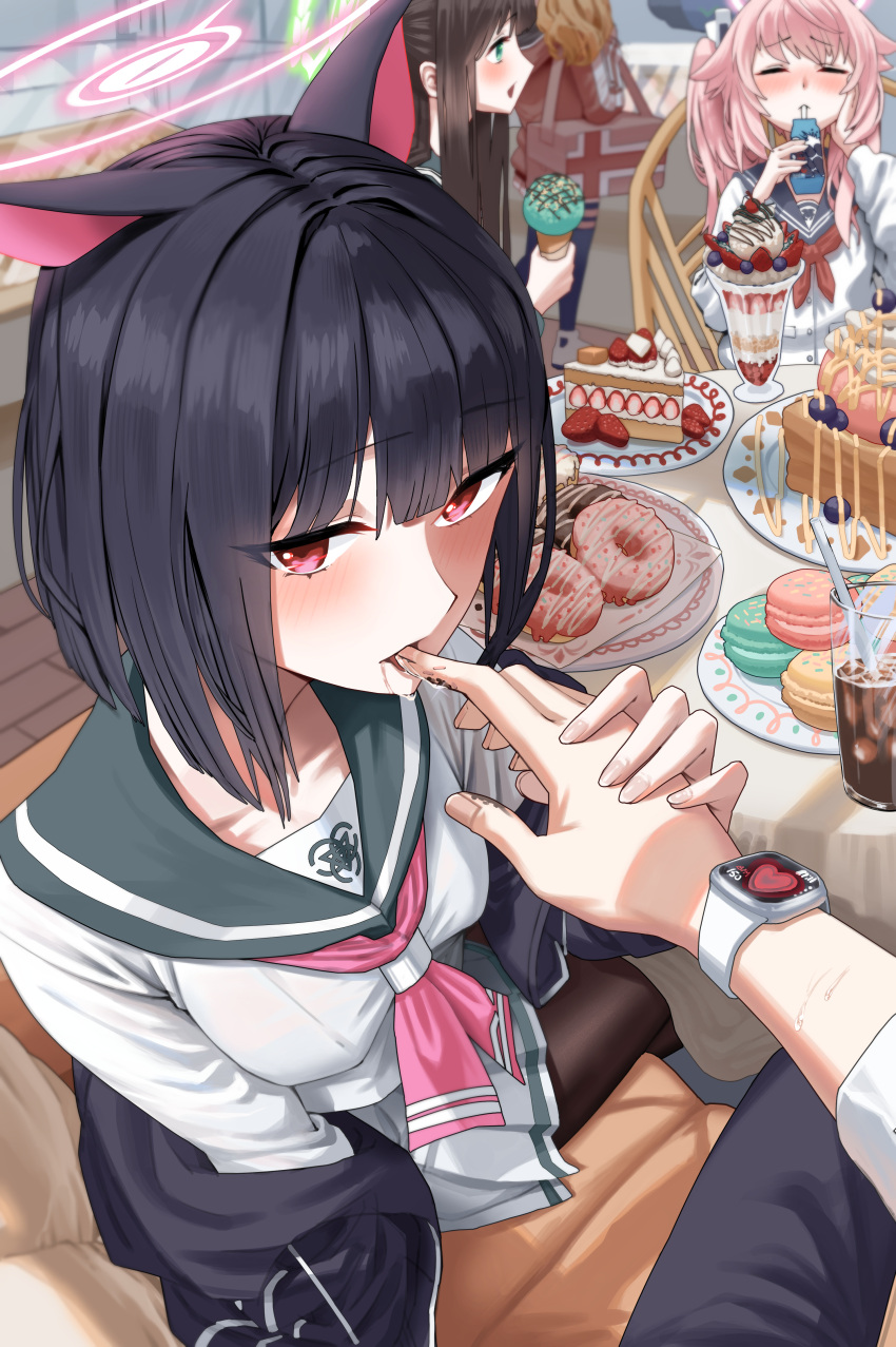 3girls absurdres airi_(blue_archive) animal_ears black_hair black_hoodie blue_archive cat_ears colored_inner_animal_ears doughnut finger_sucking food halo highres hood hooded_jacket hoodie jacket kazusa_(blue_archive) macaron multiple_girls nail_polish parfait pink_halo pov red_eyes s.jeti saliva short_hair yoshimi_(blue_archive)