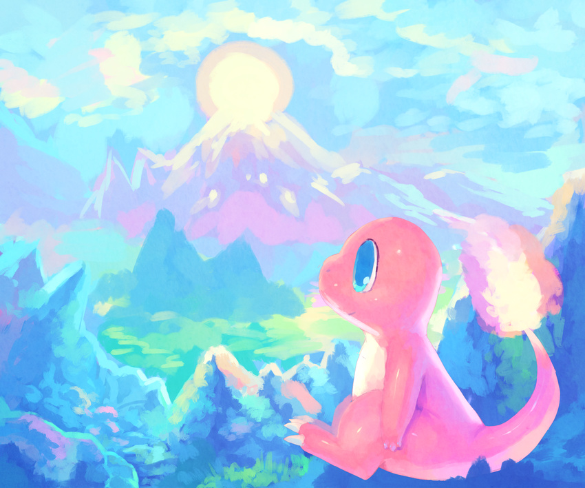 &#12472;&#12531;&#12472;&#12515;&#12540;&#12456;&#12540;&#12523; ???????? ambiguous_gender blue_eyes charmander cloud cute day detailed_background happy hi_res invalid_tag mountain nature nintendo outside pok&#233;mon pok&eacute;mon reptile scalie sitting sky smile solo sun video_games