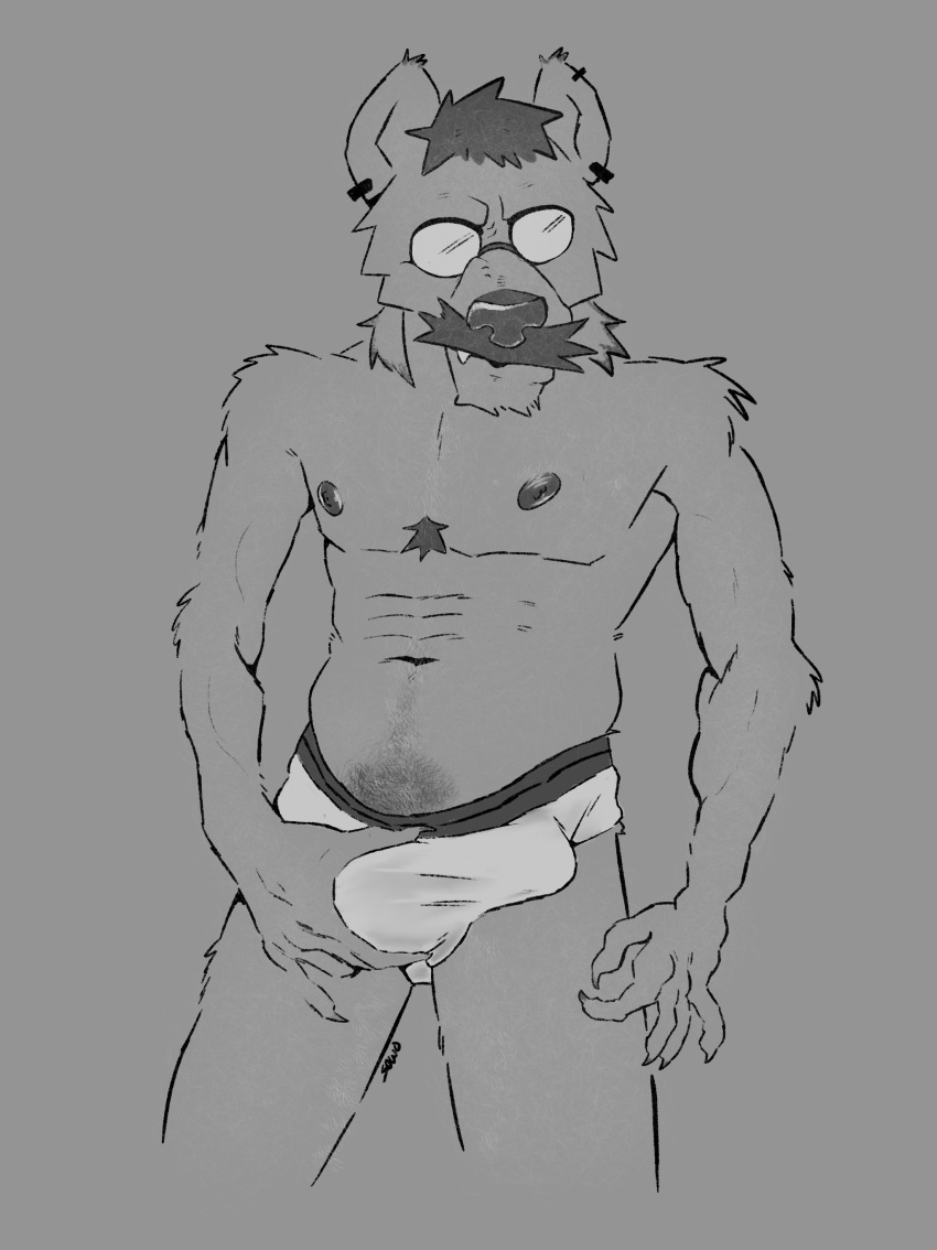 absurd_res anthro body_hair bulge canid canine chest_hair chest_tuft claws clothed clothing detailed_bulge digital_media_(artwork) ear_piercing erection eyewear facial_hair fangs fur genital_outline glasses grey_background grin hair hi_res humanoid hyena looking_at_viewer male mammal monochrome mustache navel nipples penis_outline piercing presenting pubes pubes_exposed sharp_teeth simple_background smile solo sowo teeth tuft underwear