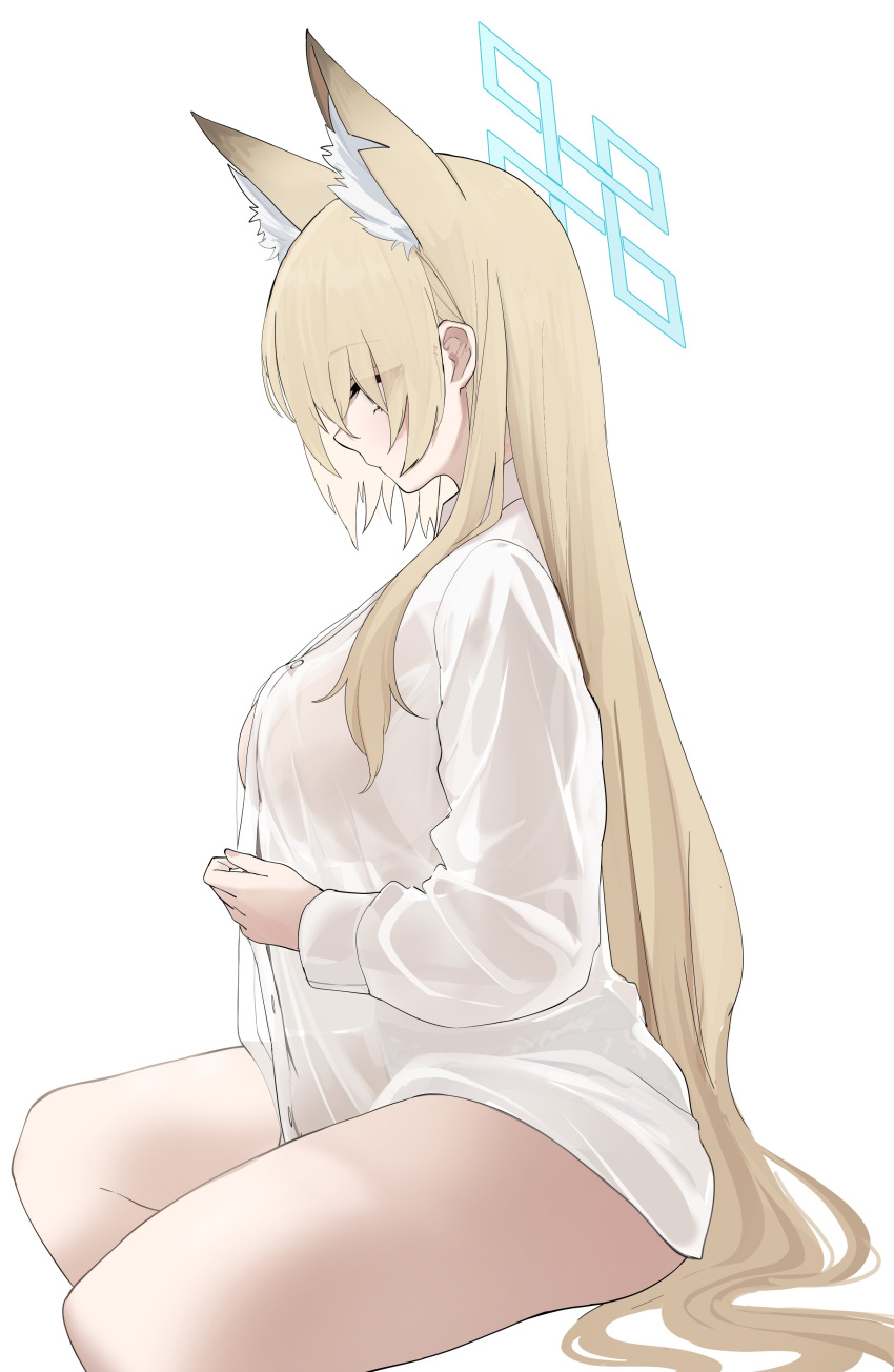 absurdres animal_ears blonde_hair blue_archive blush breasts collared_shirt dog_ears extra_ears hair_over_breasts hair_over_eyes halo highres inapple kanna_(blue_archive) large_breasts long_bangs long_hair long_sleeves looking_down no_bra panties see-through see-through_shirt see-through_silhouette shirt thighs underwear very_long_hair white_background white_panties white_shirt