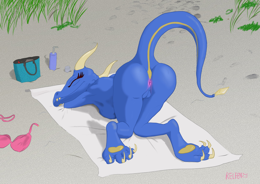 absurd_res anus ass_up beach blue_body butt buttcheecks claws crystal eyes_closed feet female finger_claws full_nudity genitals hi_res horn nude presenting presenting_anus presenting_hindquarters presenting_pussy pussy raised_tail relfen reptile scalie seaside sleeping solo tail wide_hips