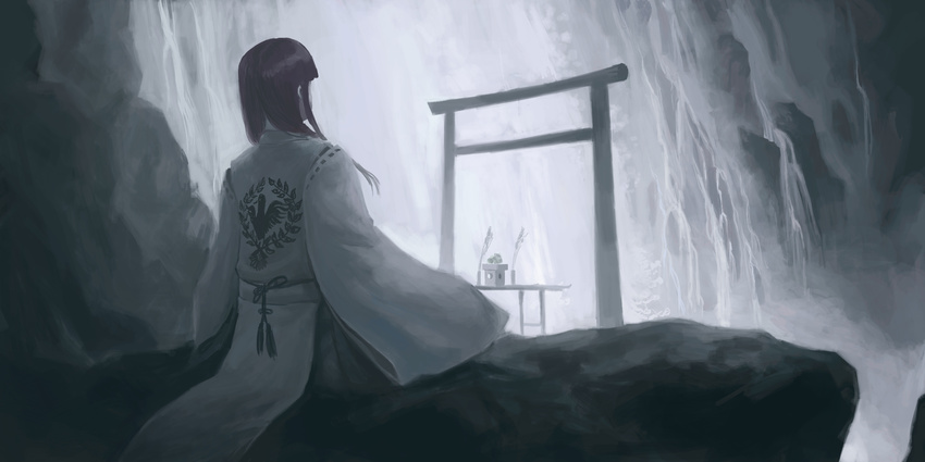chihaya_(clothing) commentary_request highres hiraoka_masamune japanese_clothes long_hair miko mountain original purple_hair scenery solo torii water waterfall