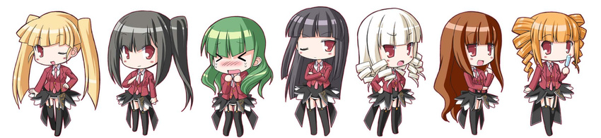 &gt;_&lt; asmodeus beelzebub belphegor chibi closed_eyes highres leviathan_(umineko) long_image lucifer mammon multiple_girls necktie pink_neckwear red_eyes satan stakes_of_purgatory tako_(all_delete) thighhighs umineko_no_naku_koro_ni wide_image