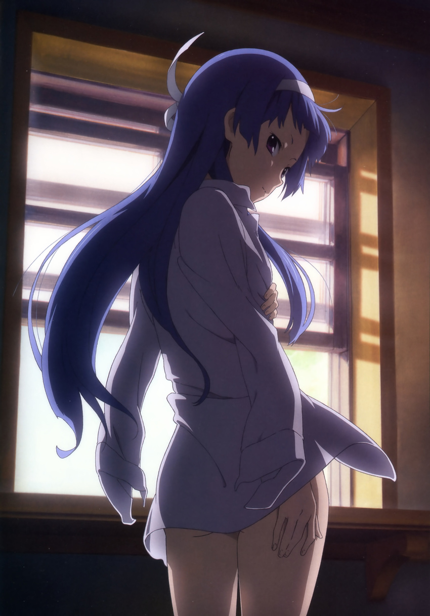 absurdres artist_request bangs blue_hair blunt_bangs bottomless dress_shirt highres kannagi long_hair looking_back nagi official_art open_clothes open_shirt purple_eyes shirt solo window