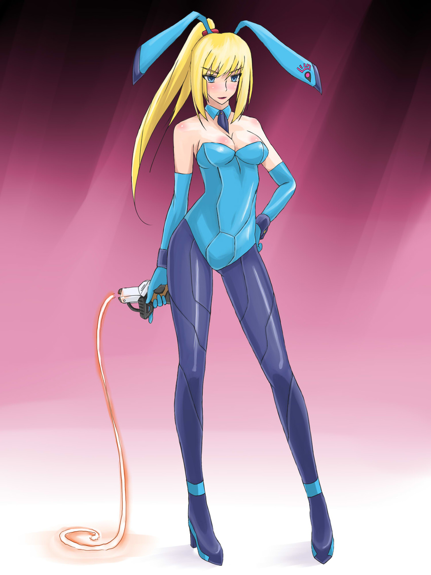 animal_ears bare_shoulders blonde_hair blue_eyes bodysuit breasts bunny_ears bunny_girl bunnysuit cleavage elbow_gloves gloves hand_on_hip highres kesanagi legs medium_breasts metroid ponytail samus_aran solo whip zero_suit