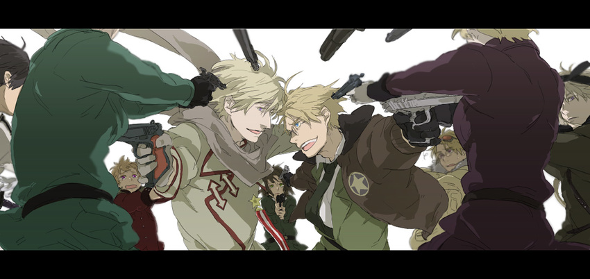 6+boys ahoge aiming america_(hetalia) at_gunpoint axis_powers_hetalia bad_id bad_pixiv_id badge battle belarus_(hetalia) belt black_gloves black_hair blonde_hair blue_eyes blurry bomber_jacket breasts brown_jacket canada_(hetalia) coat cold_war covered_face depth_of_field face-to-face facing_away finger_on_trigger frown glasses gloves goggles goggles_on_head grin gun gun_to_head handgun head_out_of_frame history holding holding_gun holding_weapon jacket japan_(hetalia) latvia_(hetalia) letterboxed lithuania_(hetalia) long_hair looking_at_another medium_breasts mexican_standoff military military_uniform multiple_boys multiple_girls necktie open_mouth outstretched_arms own_hands_together platinum_blonde_hair russia_(hetalia) scared scarf short_hair silver_eyes simple_background smile smirk spread_arms star surrounded tears trauma trench_coat ukraine_(hetalia) uniform united_kingdom_(hetalia) v_arms war weapon white_background worried