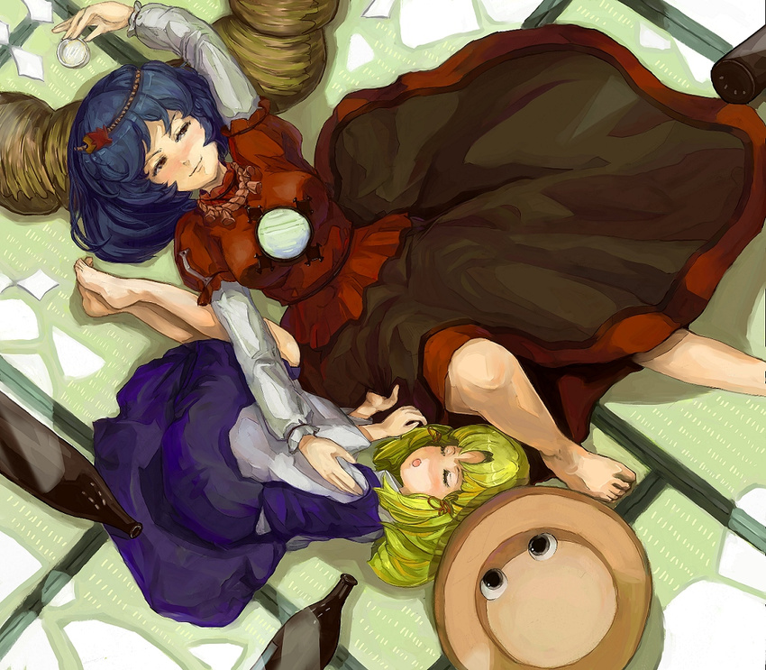 alcohol barefoot blonde_hair blue_hair bottle eyes feet hair_ornament hat leaf_hair_ornament moriya_suwako multiple_girls rope sake shime_mura short_hair sleeping touhou yasaka_kanako